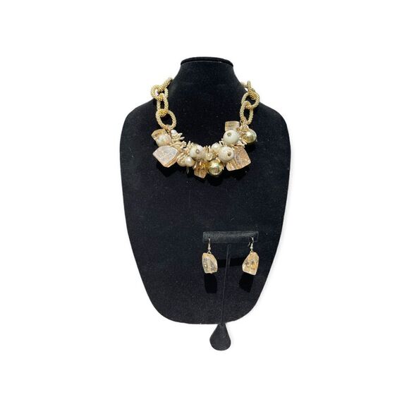 Chunky Fashion Jewelry Brown White Gold Tone Earring Set Plastic Beads Chain - Picture 1 of 6